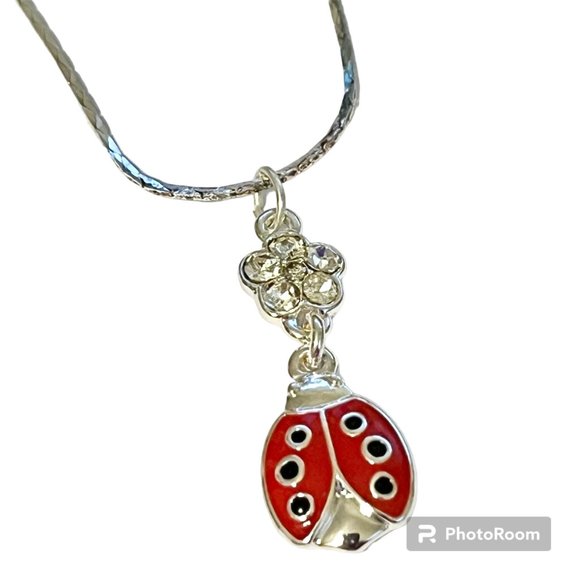Silver Red Ladybug Pendant Necklace Crystal Plated 18" Chain Insect Enamel - Picture 1 of 12